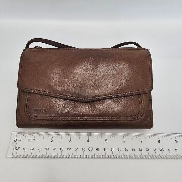Fossil Crossbody Wallet Organizer Envelope Cell Phone Case Brown Leather - Picture 2 of 11